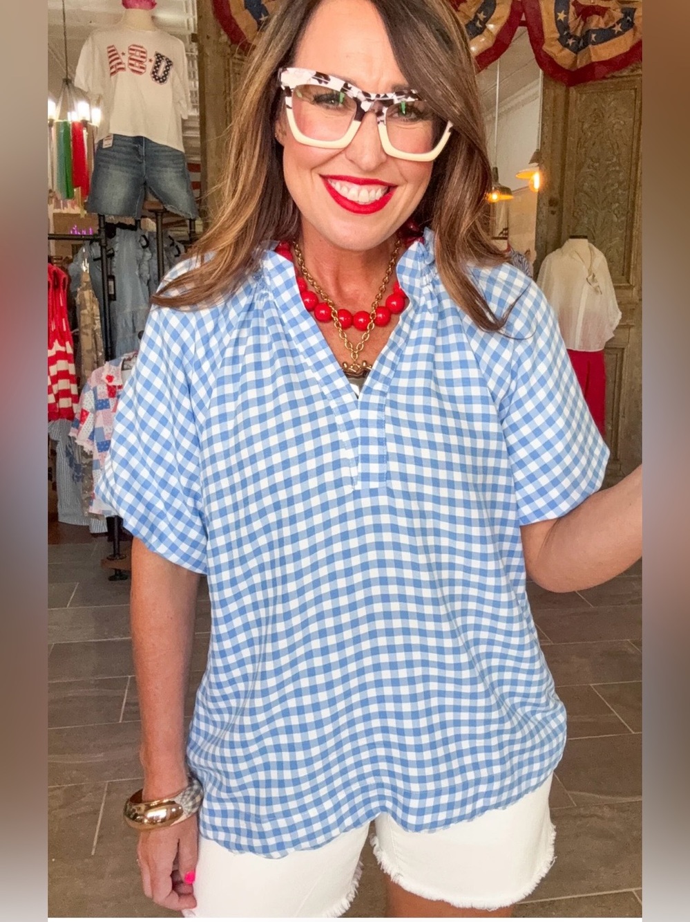 Crown & Ivy Light Blue & White Gingham Blouse/ NWT